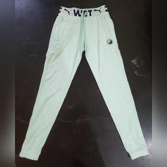 PUMA by Rihanna mint green terry track pants with pink Fenty logo, size 0 - Picture 1 of 16